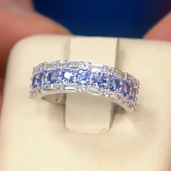 Exotic Tanzanite & White Zircon Gemstone Band Ring - Picture 5 of 7